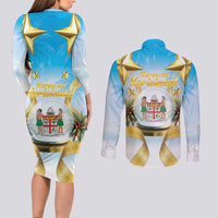 Fiji Christmas Couples Matching Long Sleeve Bodycon Dress and Long Sleeve Button Shirt Snow Globe With Fijian Santa LT05 - Polynesian Pride