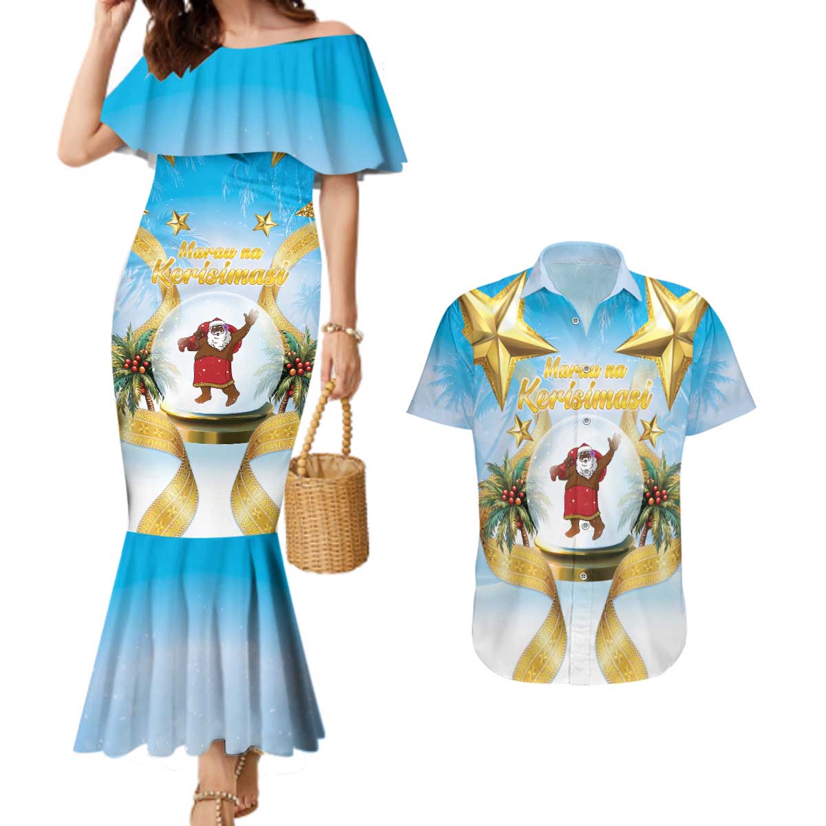 Fiji Christmas Couples Matching Mermaid Dress and Hawaiian Shirt Snow Globe With Fijian Santa LT05 - Polynesian Pride