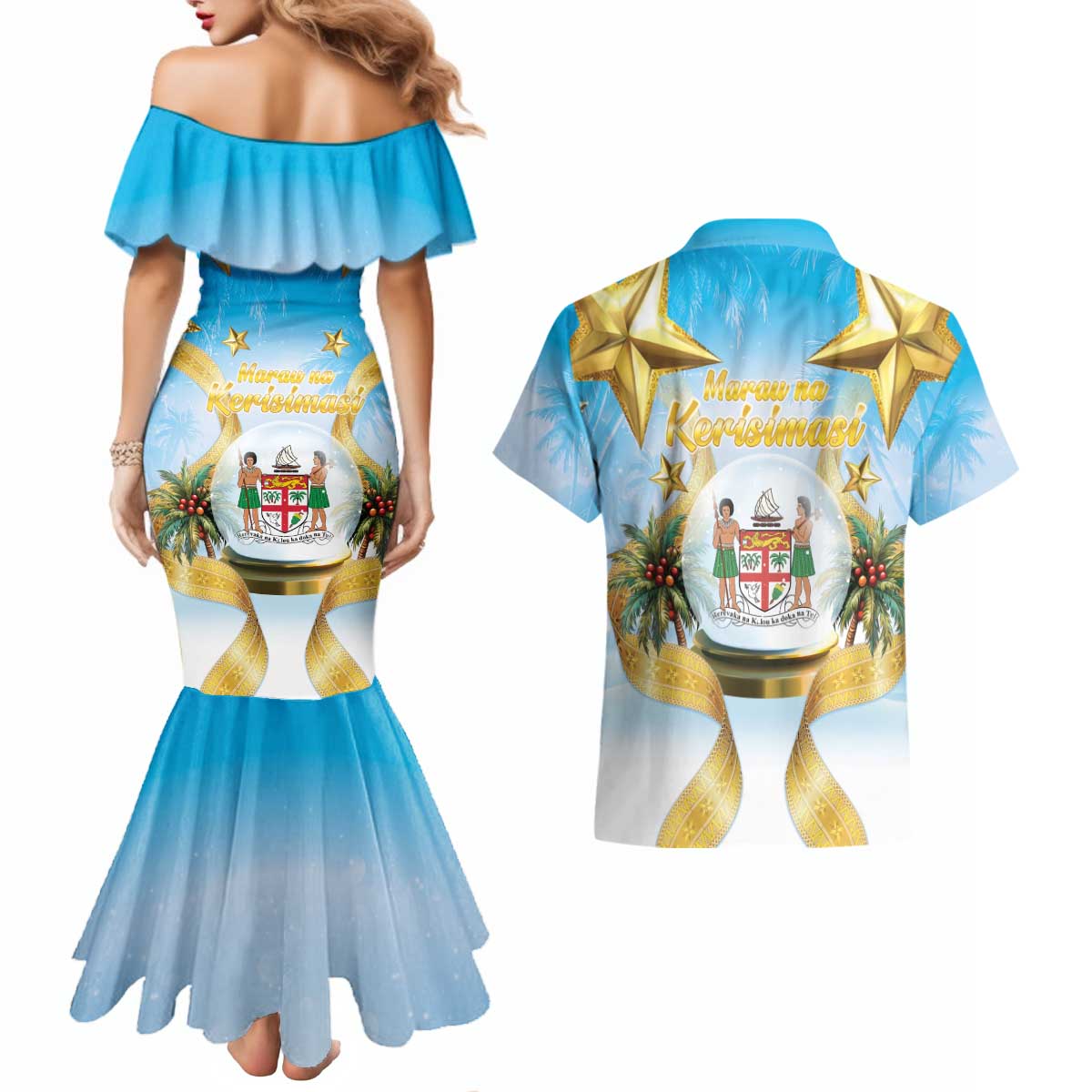 Fiji Christmas Couples Matching Mermaid Dress and Hawaiian Shirt Snow Globe With Fijian Santa LT05 - Polynesian Pride