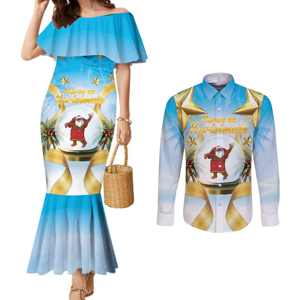 Fiji Christmas Couples Matching Mermaid Dress and Long Sleeve Button Shirt Snow Globe With Fijian Santa LT05 - Polynesian Pride