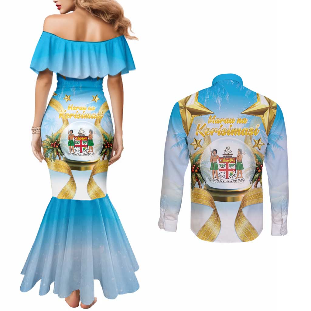 Fiji Christmas Couples Matching Mermaid Dress and Long Sleeve Button Shirt Snow Globe With Fijian Santa LT05 - Polynesian Pride