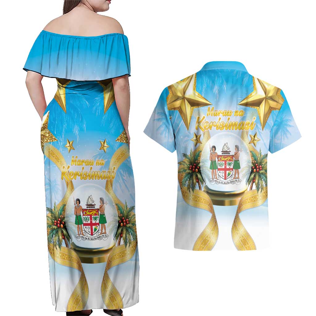Fiji Christmas Couples Matching Off Shoulder Maxi Dress and Hawaiian Shirt Snow Globe With Fijian Santa LT05 - Polynesian Pride