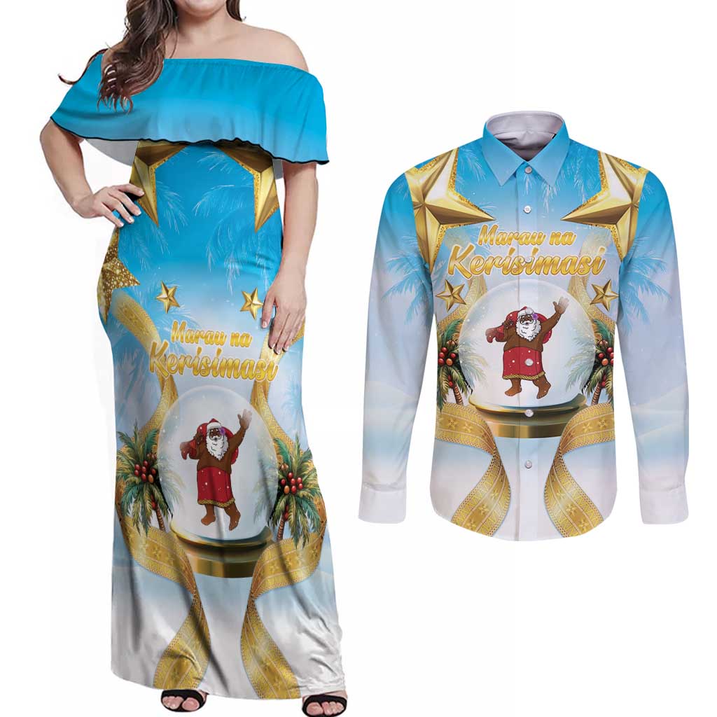 Fiji Christmas Couples Matching Off Shoulder Maxi Dress and Long Sleeve Button Shirt Snow Globe With Fijian Santa LT05 - Polynesian Pride