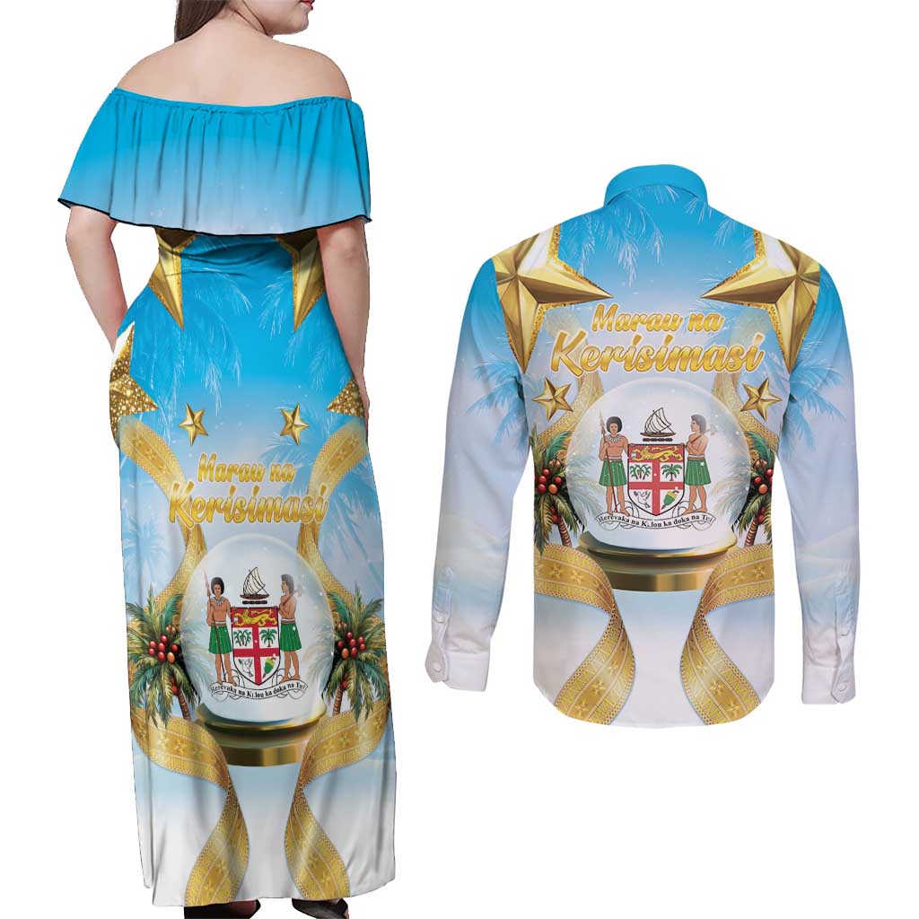Fiji Christmas Couples Matching Off Shoulder Maxi Dress and Long Sleeve Button Shirt Snow Globe With Fijian Santa LT05 - Polynesian Pride