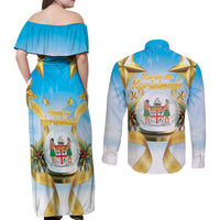 Fiji Christmas Couples Matching Off Shoulder Maxi Dress and Long Sleeve Button Shirt Snow Globe With Fijian Santa LT05 - Polynesian Pride