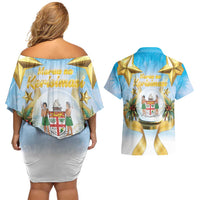Fiji Christmas Couples Matching Off Shoulder Short Dress and Hawaiian Shirt Snow Globe With Fijian Santa LT05 - Polynesian Pride