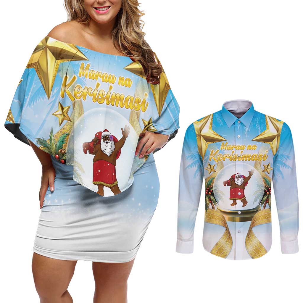 Fiji Christmas Couples Matching Off Shoulder Short Dress and Long Sleeve Button Shirt Snow Globe With Fijian Santa LT05 - Polynesian Pride