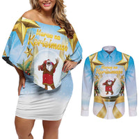 Fiji Christmas Couples Matching Off Shoulder Short Dress and Long Sleeve Button Shirt Snow Globe With Fijian Santa LT05 - Polynesian Pride