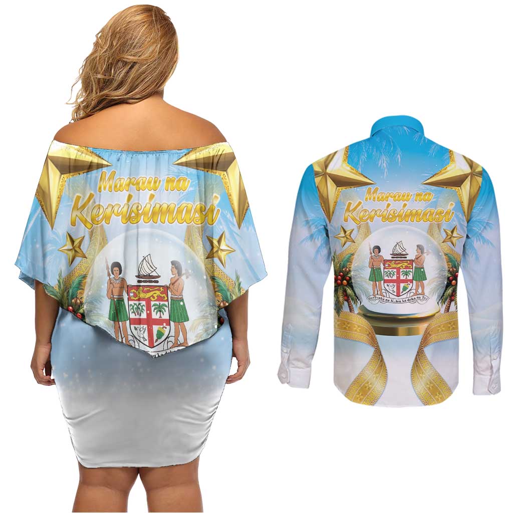 Fiji Christmas Couples Matching Off Shoulder Short Dress and Long Sleeve Button Shirt Snow Globe With Fijian Santa LT05 - Polynesian Pride