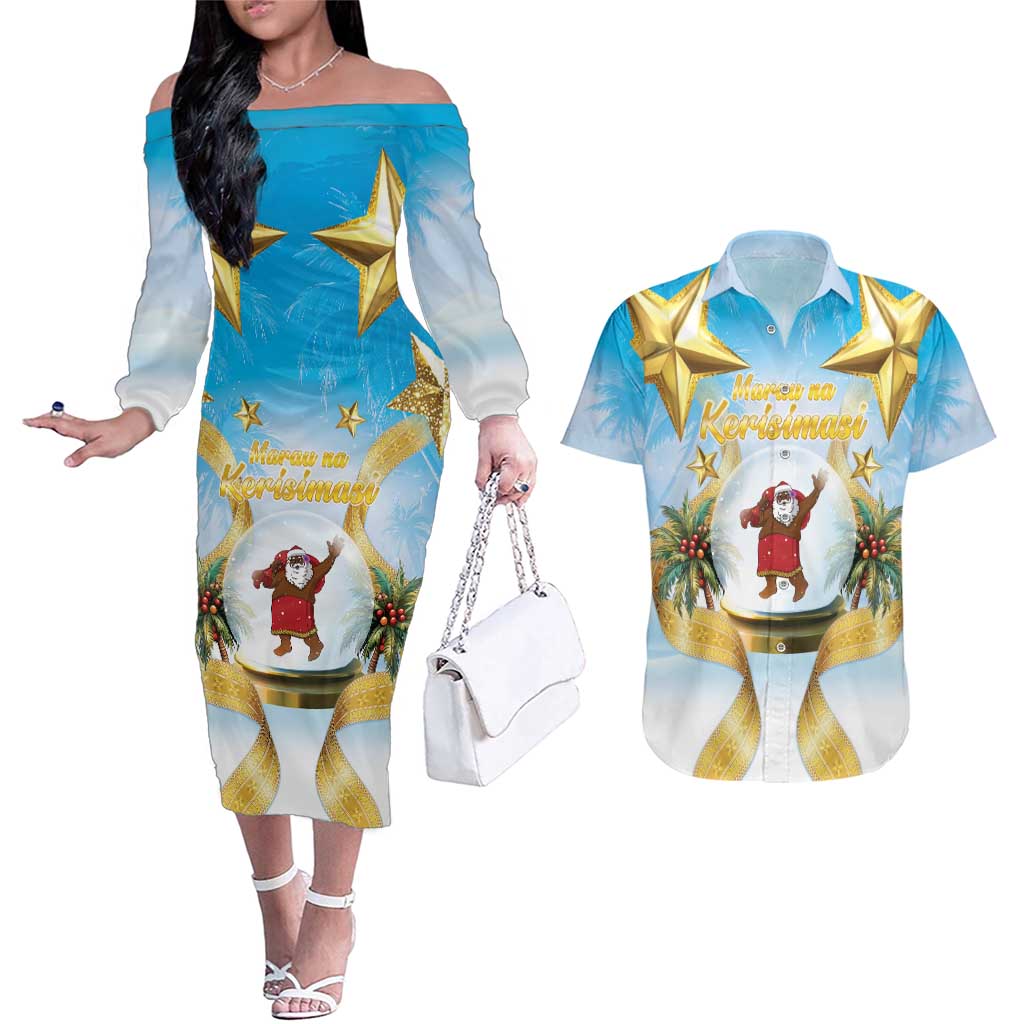Fiji Christmas Couples Matching Off The Shoulder Long Sleeve Dress and Hawaiian Shirt Snow Globe With Fijian Santa LT05 Blue - Polynesian Pride