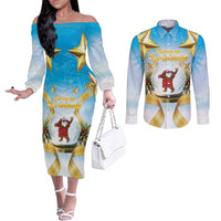 Fiji Christmas Couples Matching Off The Shoulder Long Sleeve Dress and Long Sleeve Button Shirt Snow Globe With Fijian Santa LT05 - Polynesian Pride