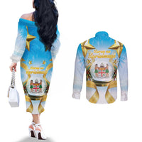 Fiji Christmas Couples Matching Off The Shoulder Long Sleeve Dress and Long Sleeve Button Shirt Snow Globe With Fijian Santa LT05 - Polynesian Pride
