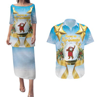 Fiji Christmas Couples Matching Puletasi and Hawaiian Shirt Snow Globe With Fijian Santa LT05 - Polynesian Pride