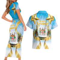 Fiji Christmas Couples Matching Short Sleeve Bodycon Dress and Hawaiian Shirt Snow Globe With Fijian Santa LT05 - Polynesian Pride