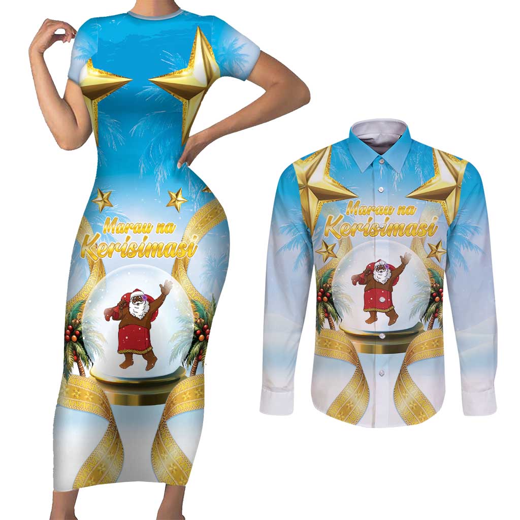 Fiji Christmas Couples Matching Short Sleeve Bodycon Dress and Long Sleeve Button Shirt Snow Globe With Fijian Santa LT05 Blue - Polynesian Pride