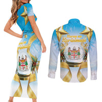Fiji Christmas Couples Matching Short Sleeve Bodycon Dress and Long Sleeve Button Shirt Snow Globe With Fijian Santa LT05 - Polynesian Pride