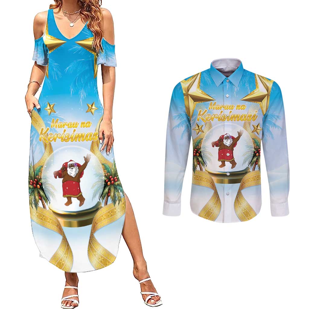 Fiji Christmas Couples Matching Summer Maxi Dress and Long Sleeve Button Shirt Snow Globe With Fijian Santa LT05 - Polynesian Pride