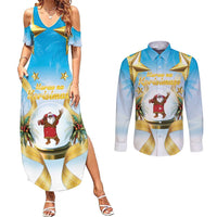 Fiji Christmas Couples Matching Summer Maxi Dress and Long Sleeve Button Shirt Snow Globe With Fijian Santa LT05 - Polynesian Pride