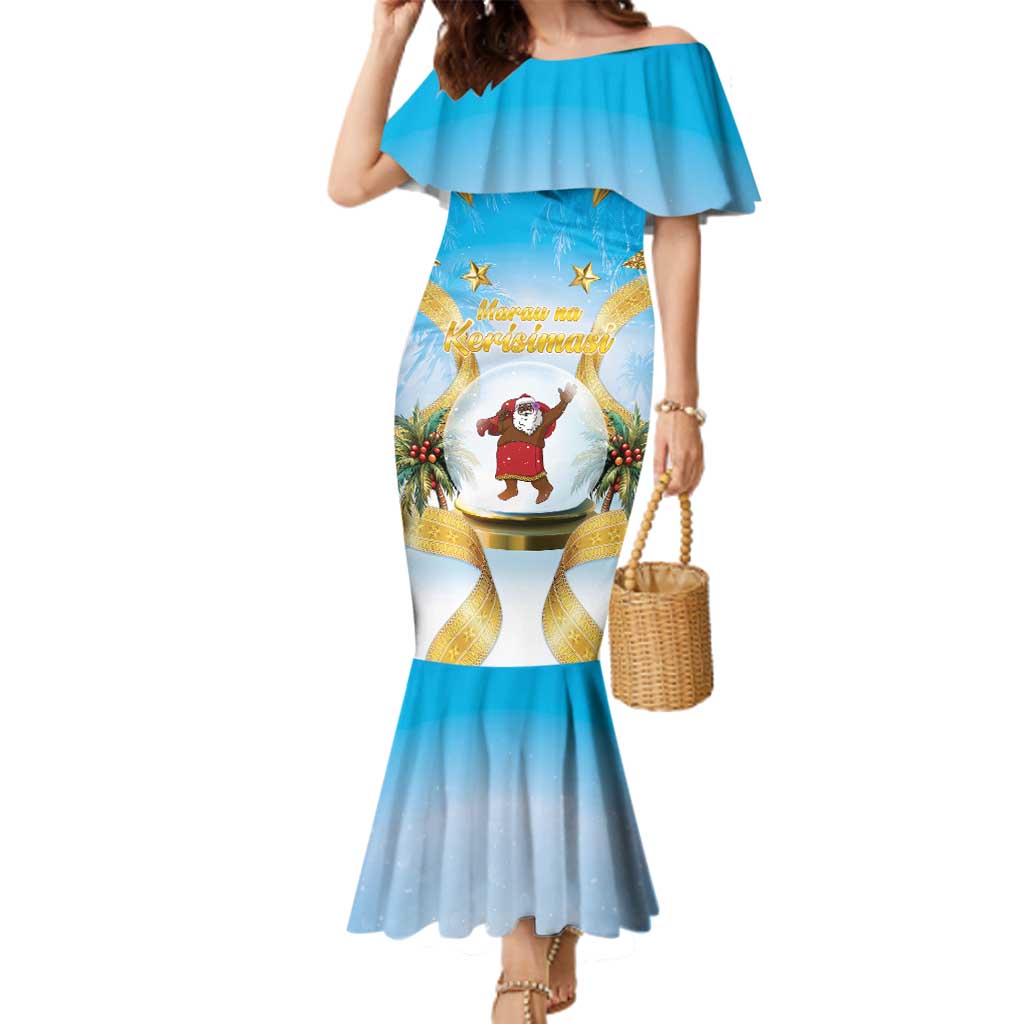 Fiji Christmas Family Matching Mermaid Dress and Hawaiian Shirt Snow Globe With Fijian Santa LT05 Mom's Dress Blue - Polynesian Pride