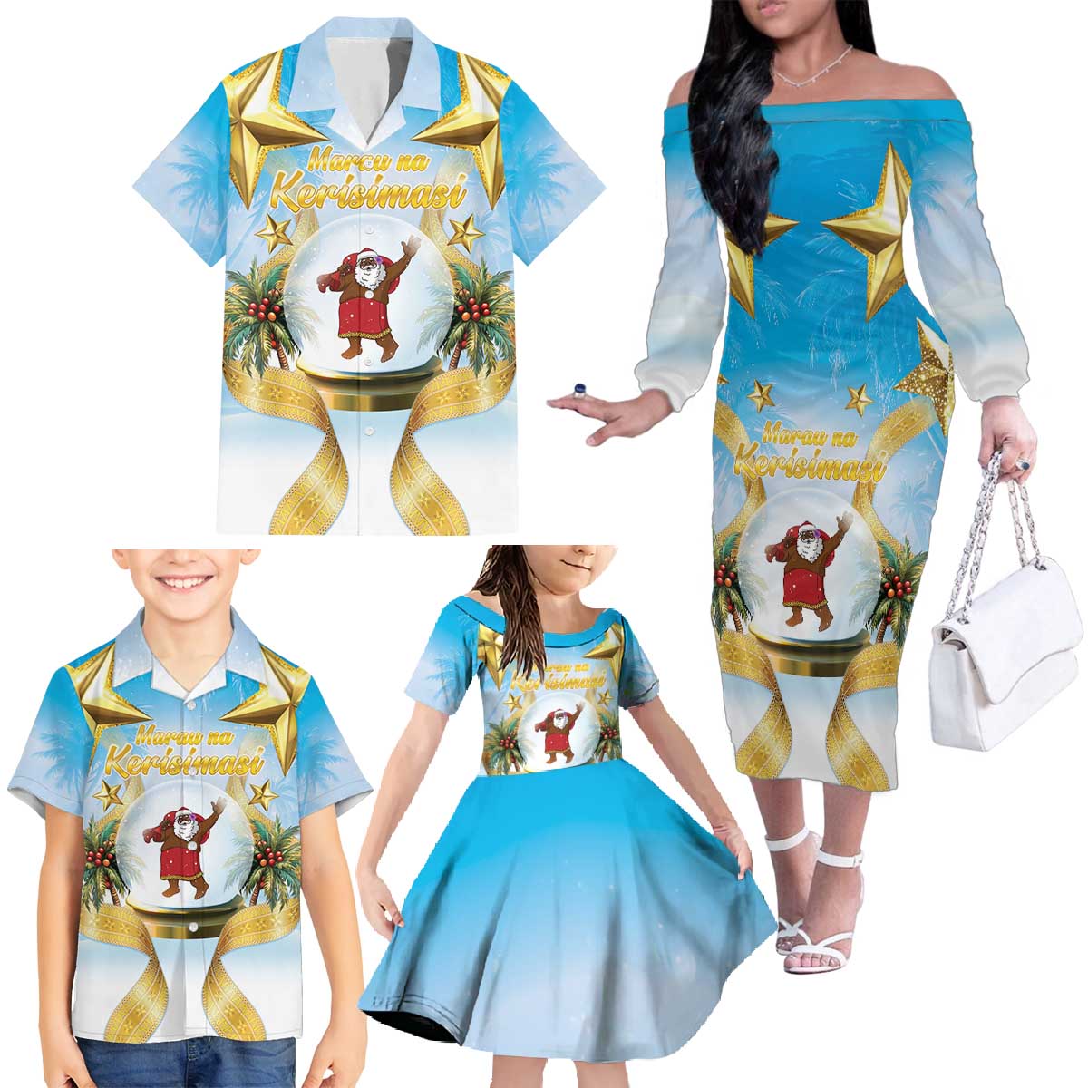 Fiji Christmas Family Matching Off The Shoulder Long Sleeve Dress and Hawaiian Shirt Snow Globe With Fijian Santa LT05 - Polynesian Pride
