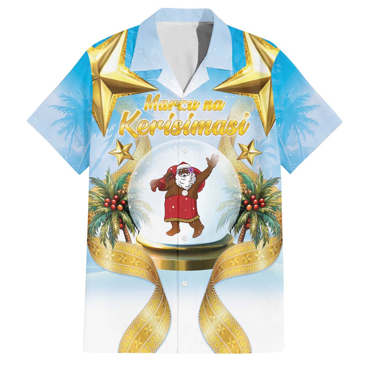 Fiji Christmas Family Matching Off The Shoulder Long Sleeve Dress and Hawaiian Shirt Snow Globe With Fijian Santa LT05 Dad's Shirt - Short Sleeve Blue - Polynesian Pride
