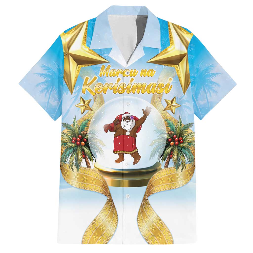 Fiji Christmas Family Matching Puletasi and Hawaiian Shirt Snow Globe With Fijian Santa LT05 Dad's Shirt - Short Sleeve Blue - Polynesian Pride