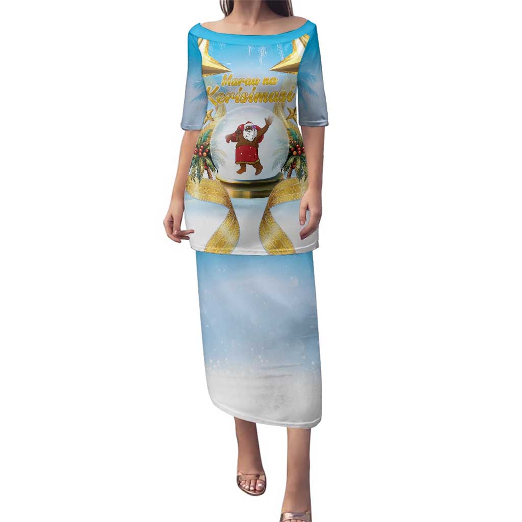 Fiji Christmas Family Matching Puletasi and Hawaiian Shirt Snow Globe With Fijian Santa LT05 Mom's Dress Blue - Polynesian Pride