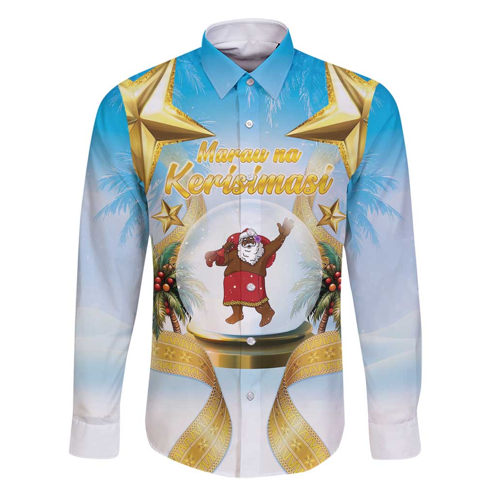 Fiji Christmas Family Matching Summer Maxi Dress and Hawaiian Shirt Snow Globe With Fijian Santa LT05 Dad's Shirt - Long Sleeve Blue - Polynesian Pride