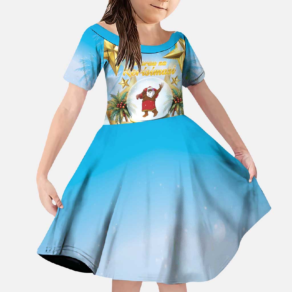 Fiji Christmas Family Matching Tank Maxi Dress and Hawaiian Shirt Snow Globe With Fijian Santa LT05 Daughter's Dress Blue - Polynesian Pride