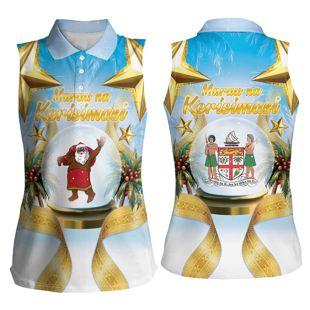 Fiji Christmas Women Sleeveless Polo Shirt Snow Globe With Fijian Santa LT05 - Polynesian Pride