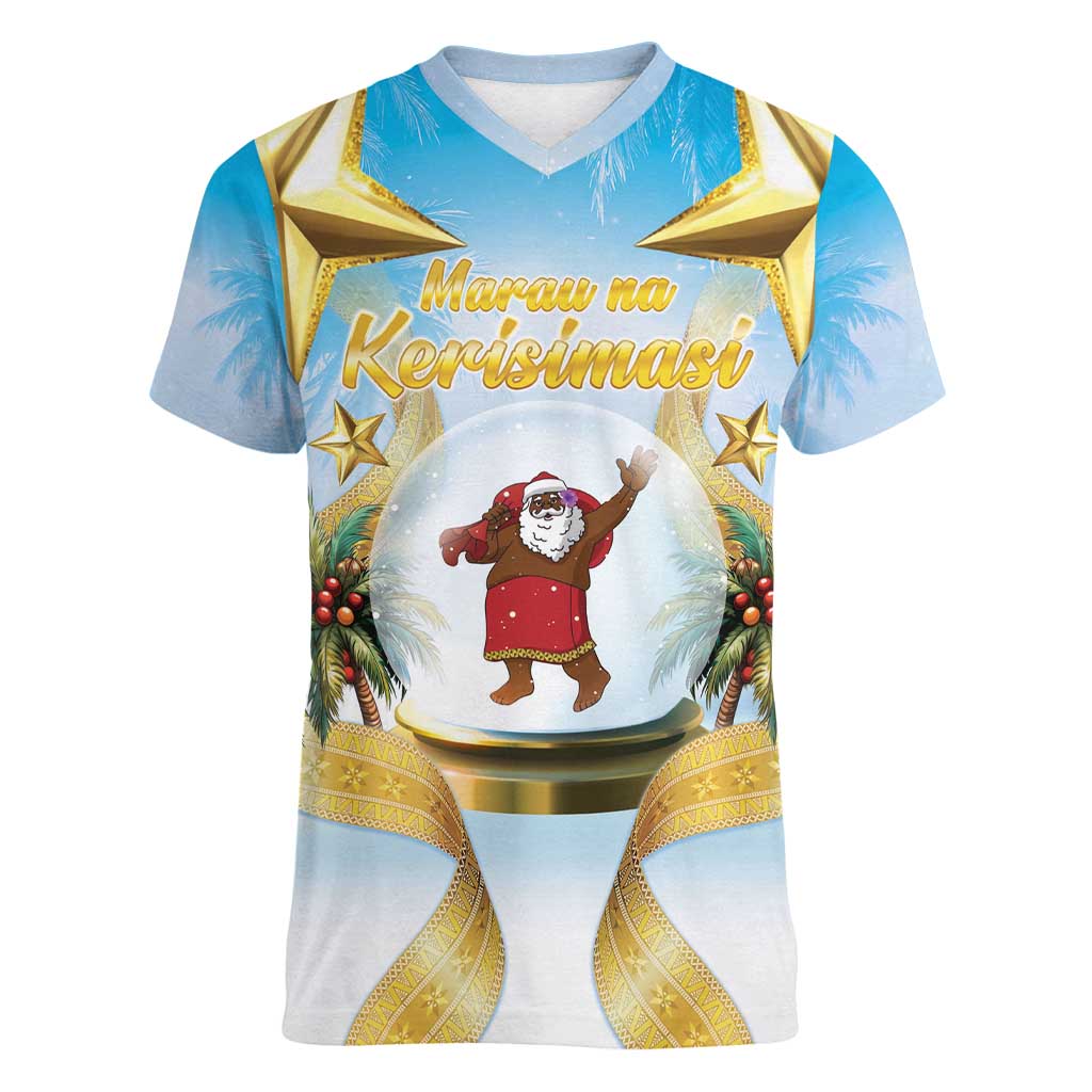 Fiji Christmas Women V-Neck T-Shirt Snow Globe With Fijian Santa LT05 Female Blue - Polynesian Pride