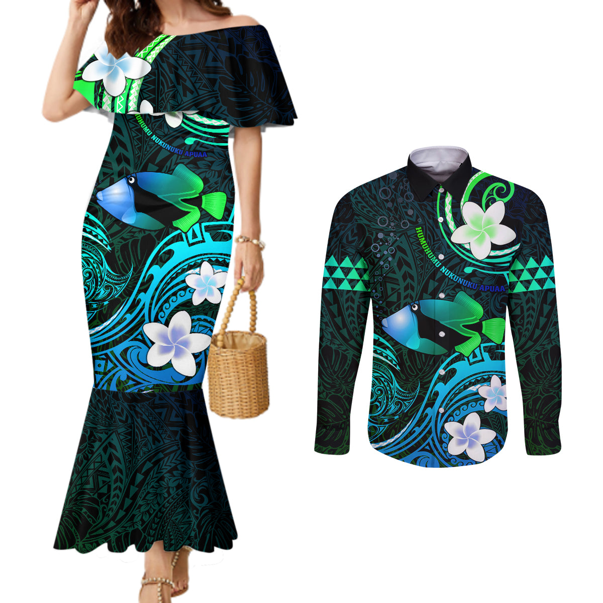 Personalised Hawaii Humuhumu Reef Triggerfish Couples Matching Mermaid Dress and Long Sleeve Button Shirt Turquoise With Plumeria LT05 Turquoise - Polynesian Pride
