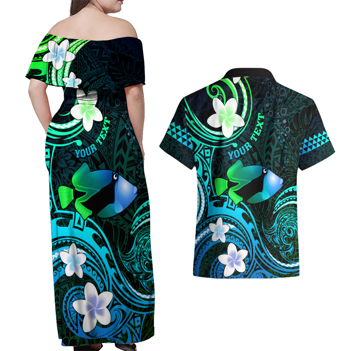 Personalised Hawaii Humuhumu Reef Triggerfish Couples Matching Off Shoulder Maxi Dress and Hawaiian Shirt Turquoise With Plumeria LT05 - Polynesian Pride