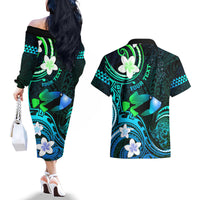 Personalised Hawaii Humuhumu Reef Triggerfish Couples Matching Off The Shoulder Long Sleeve Dress and Hawaiian Shirt Turquoise With Plumeria LT05 - Polynesian Pride