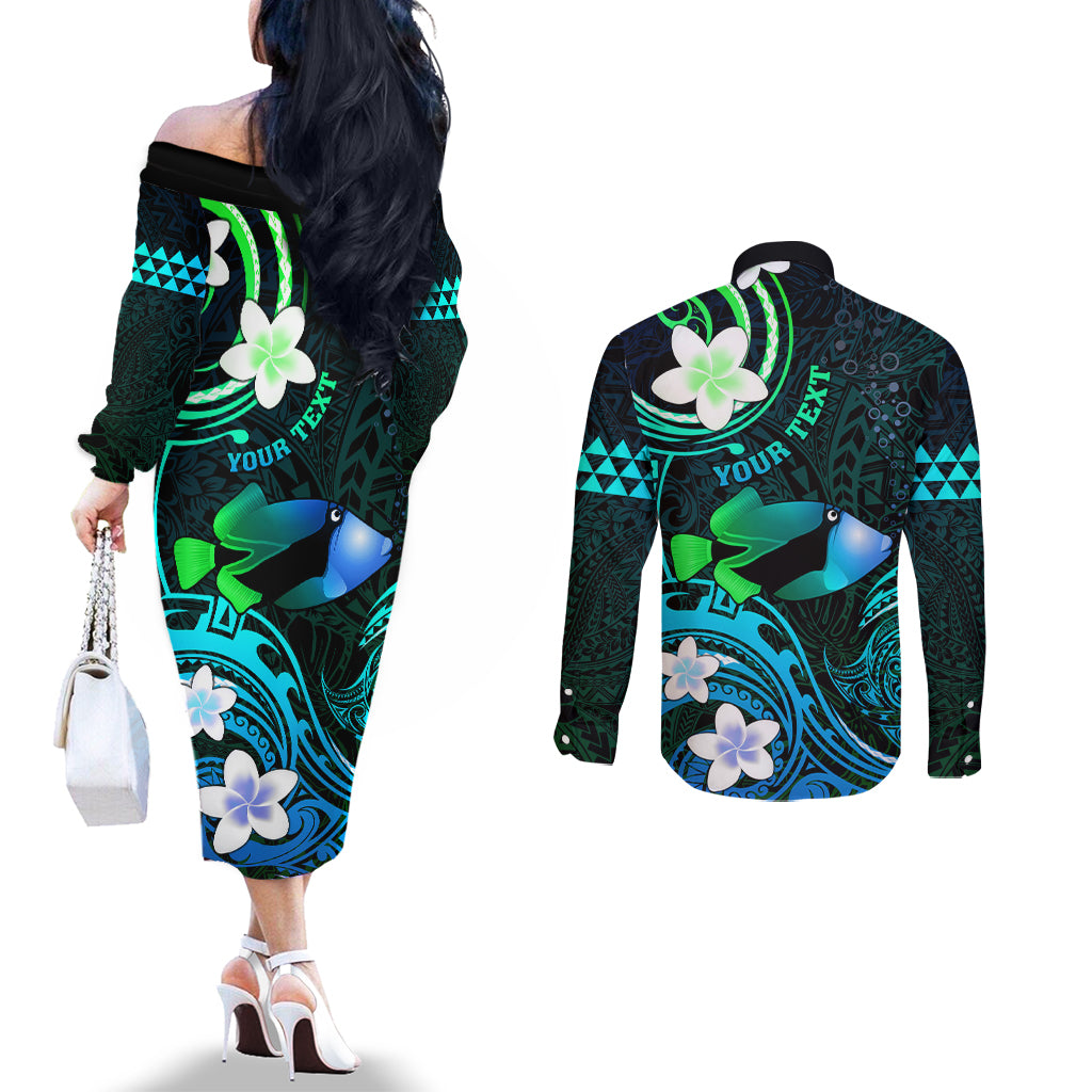 Personalised Hawaii Humuhumu Reef Triggerfish Couples Matching Off The Shoulder Long Sleeve Dress and Long Sleeve Button Shirt Turquoise With Plumeria LT05 - Polynesian Pride