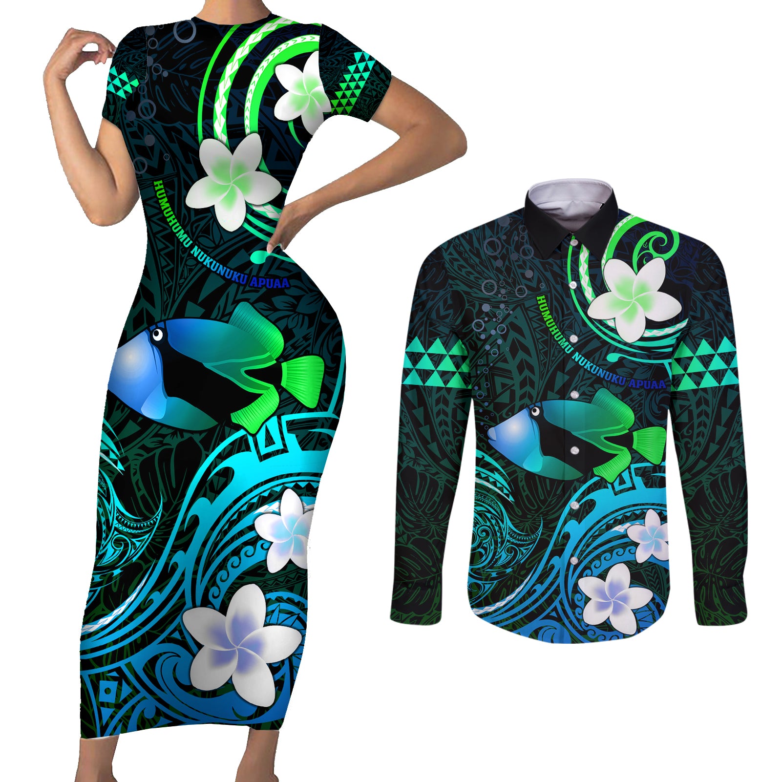 Personalised Hawaii Humuhumu Reef Triggerfish Couples Matching Short Sleeve Bodycon Dress and Long Sleeve Button Shirt Turquoise With Plumeria LT05 Turquoise - Polynesian Pride