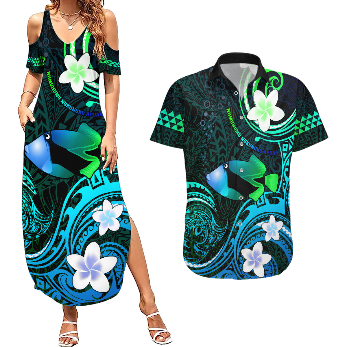 Personalised Hawaii Humuhumu Reef Triggerfish Couples Matching Summer Maxi Dress and Hawaiian Shirt Turquoise With Plumeria LT05 Turquoise - Polynesian Pride