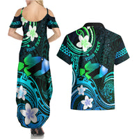 Personalised Hawaii Humuhumu Reef Triggerfish Couples Matching Summer Maxi Dress and Hawaiian Shirt Turquoise With Plumeria LT05 - Polynesian Pride