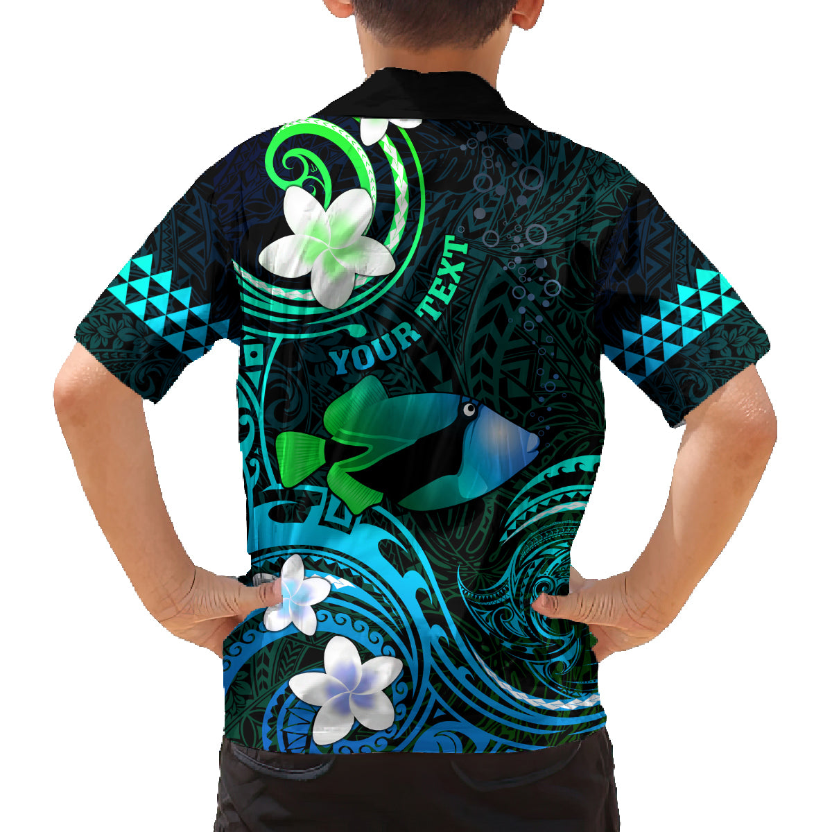 Personalised Hawaii Humuhumu Reef Triggerfish Family Matching Off Shoulder Long Sleeve Dress and Hawaiian Shirt Turquoise With Plumeria LT05 - Polynesian Pride