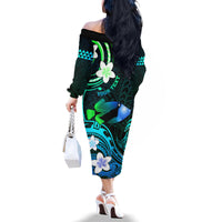 Personalised Hawaii Humuhumu Reef Triggerfish Family Matching Off Shoulder Long Sleeve Dress and Hawaiian Shirt Turquoise With Plumeria LT05 - Polynesian Pride