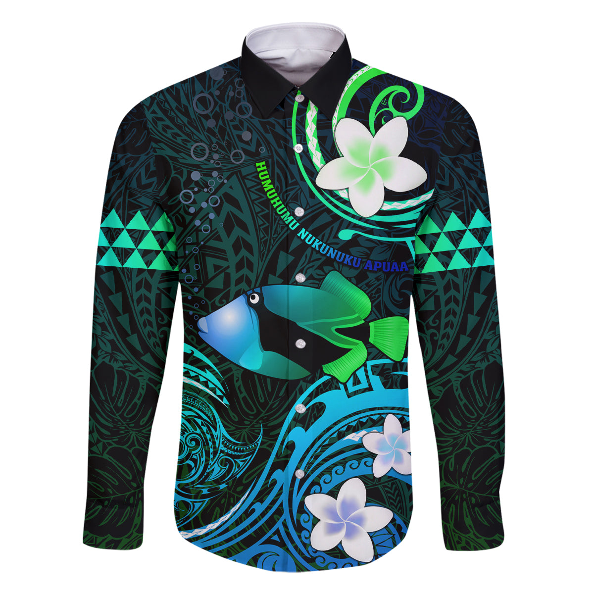 Personalised Hawaii Humuhumu Reef Triggerfish Family Matching Off Shoulder Maxi Dress and Hawaiian Shirt Turquoise With Plumeria LT05 Dad's Shirt - Long Sleeve Turquoise - Polynesian Pride