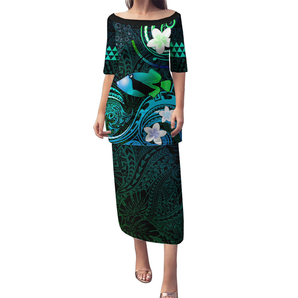 Personalised Hawaii Humuhumu Reef Triggerfish Family Matching Puletasi and Hawaiian Shirt Turquoise With Plumeria LT05 Mom's Dress Turquoise - Polynesian Pride