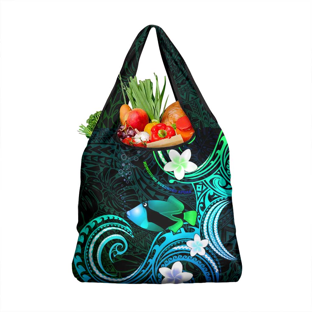 Hawaii Humuhumu Reef Triggerfish Grocery Bag Turquoise With Plumeria LT05 1-pack One Size Turquoise - Polynesian Pride