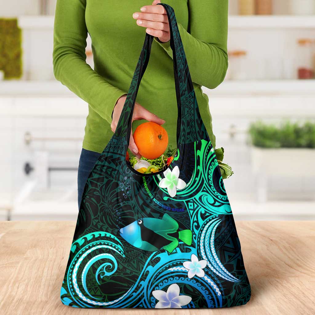 Hawaii Humuhumu Reef Triggerfish Grocery Bag Turquoise With Plumeria LT05 - Polynesian Pride