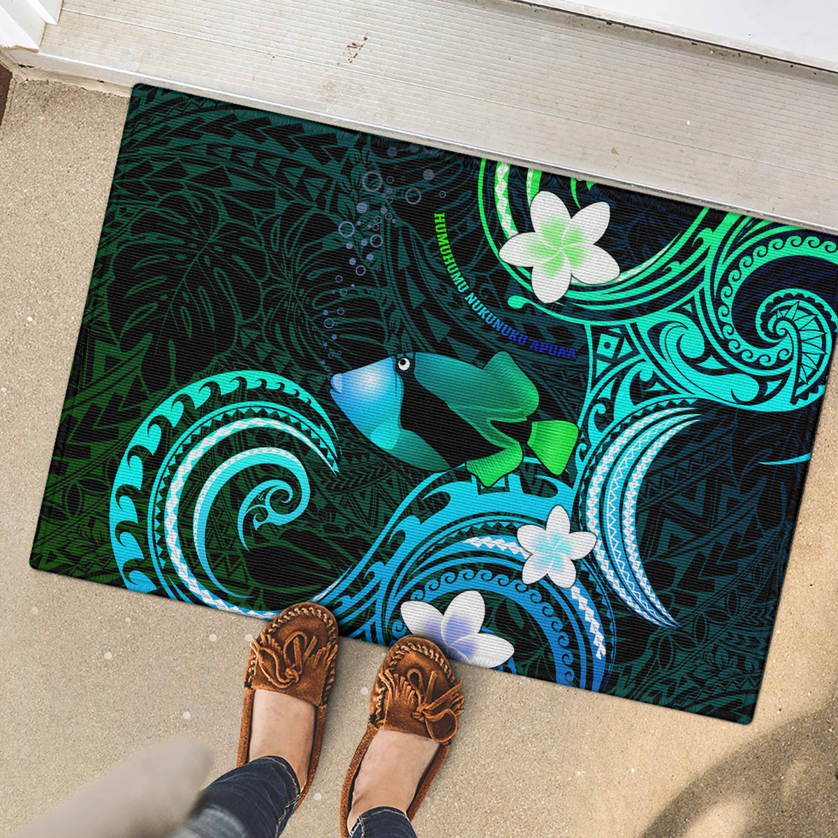 Hawaii Humuhumu Reef Triggerfish Rubber Doormat Turquoise With Plumeria LT05 - Polynesian Pride