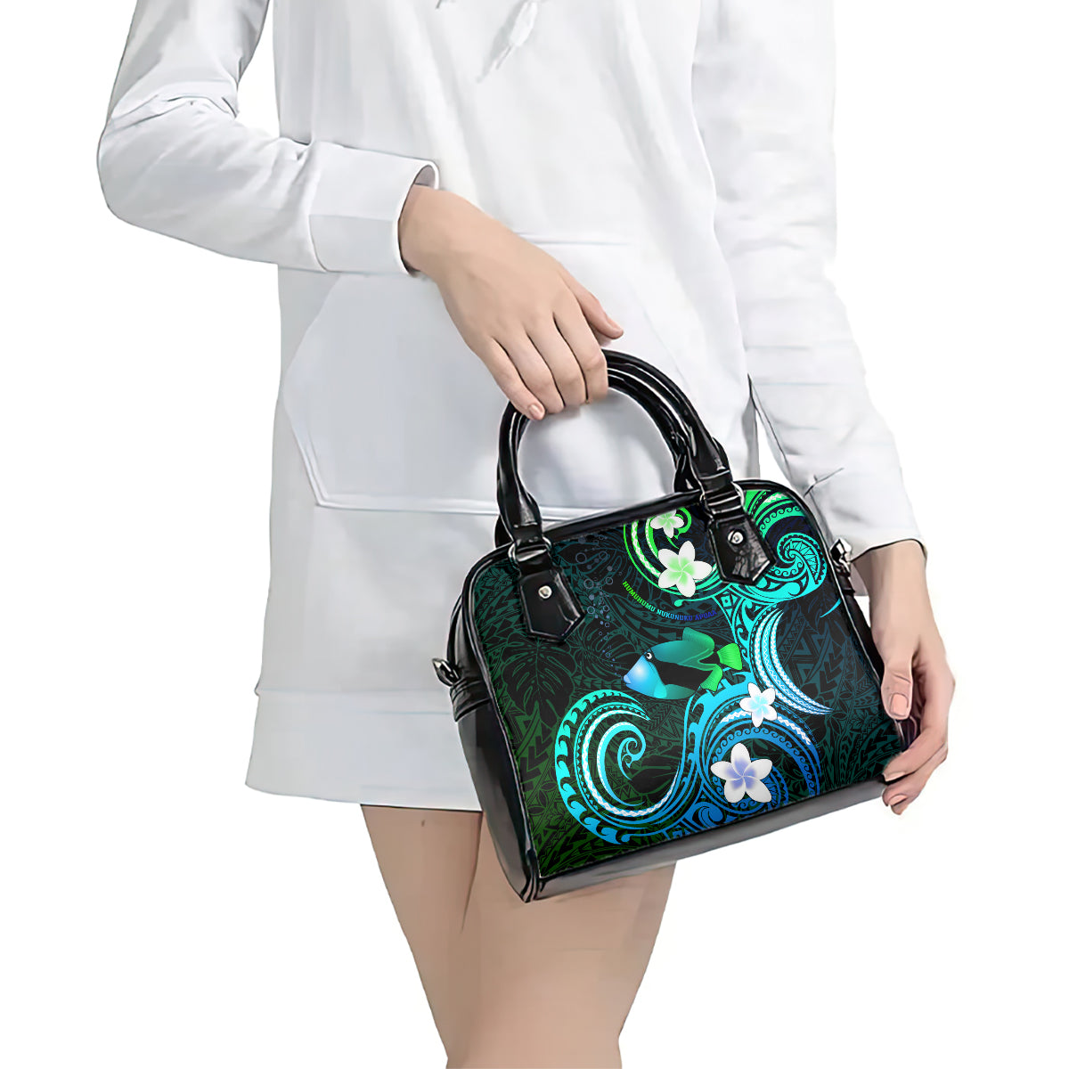Hawaii Humuhumu Reef Triggerfish Shoulder Handbag Turquoise With Plumeria LT05 - Polynesian Pride