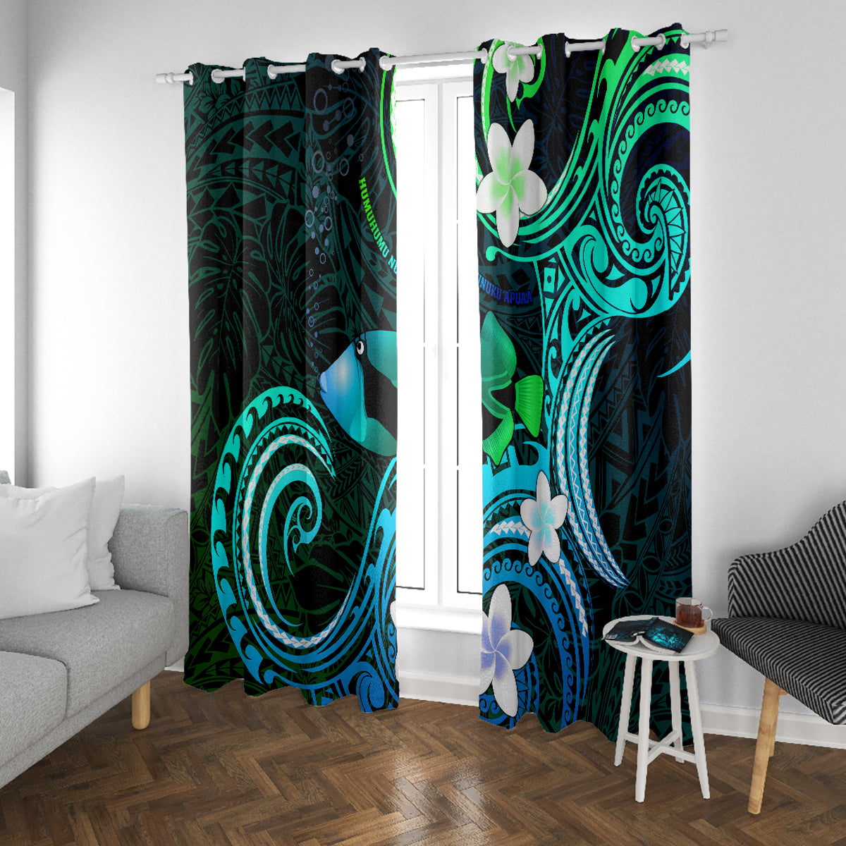 Hawaii Humuhumu Reef Triggerfish Window Curtain Turquoise With Plumeria LT05 With Grommets Turquoise - Polynesian Pride