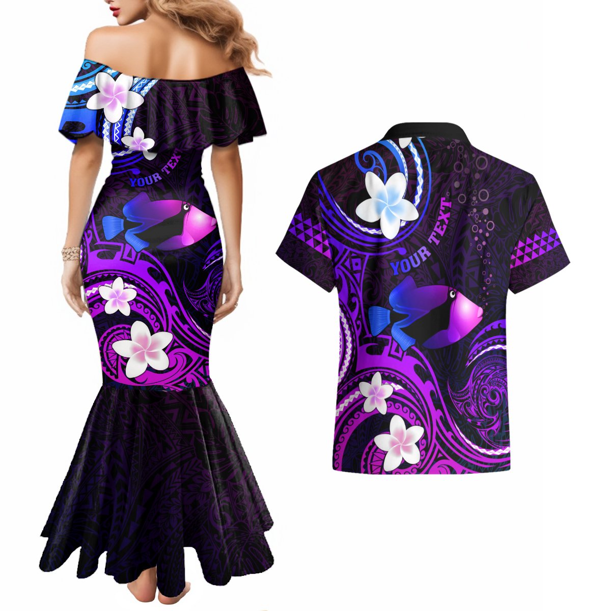 Personalised Hawaii Humuhumu Reef Triggerfish Couples Matching Mermaid Dress and Hawaiian Shirt Violet With Plumeria LT05 - Polynesian Pride