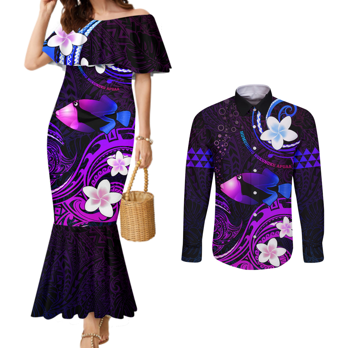 Personalised Hawaii Humuhumu Reef Triggerfish Couples Matching Mermaid Dress and Long Sleeve Button Shirt Violet With Plumeria LT05 Violet - Polynesian Pride