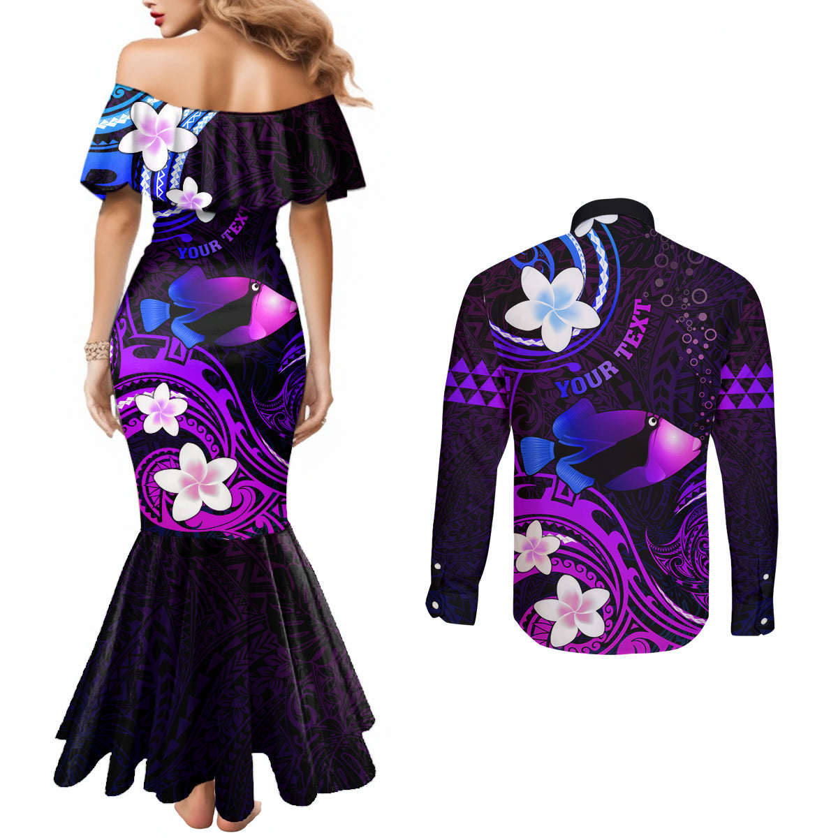 Personalised Hawaii Humuhumu Reef Triggerfish Couples Matching Mermaid Dress and Long Sleeve Button Shirt Violet With Plumeria LT05 - Polynesian Pride